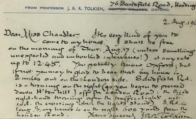 Lot 1457 - J. R. R. Tolkien (1892-1973) handwritten postcard to his official photographer Pamela Chandler dated 2. Augt. 1961: Dear Miss Chandler. It's very kind of you to come to my house. I shall be free on...