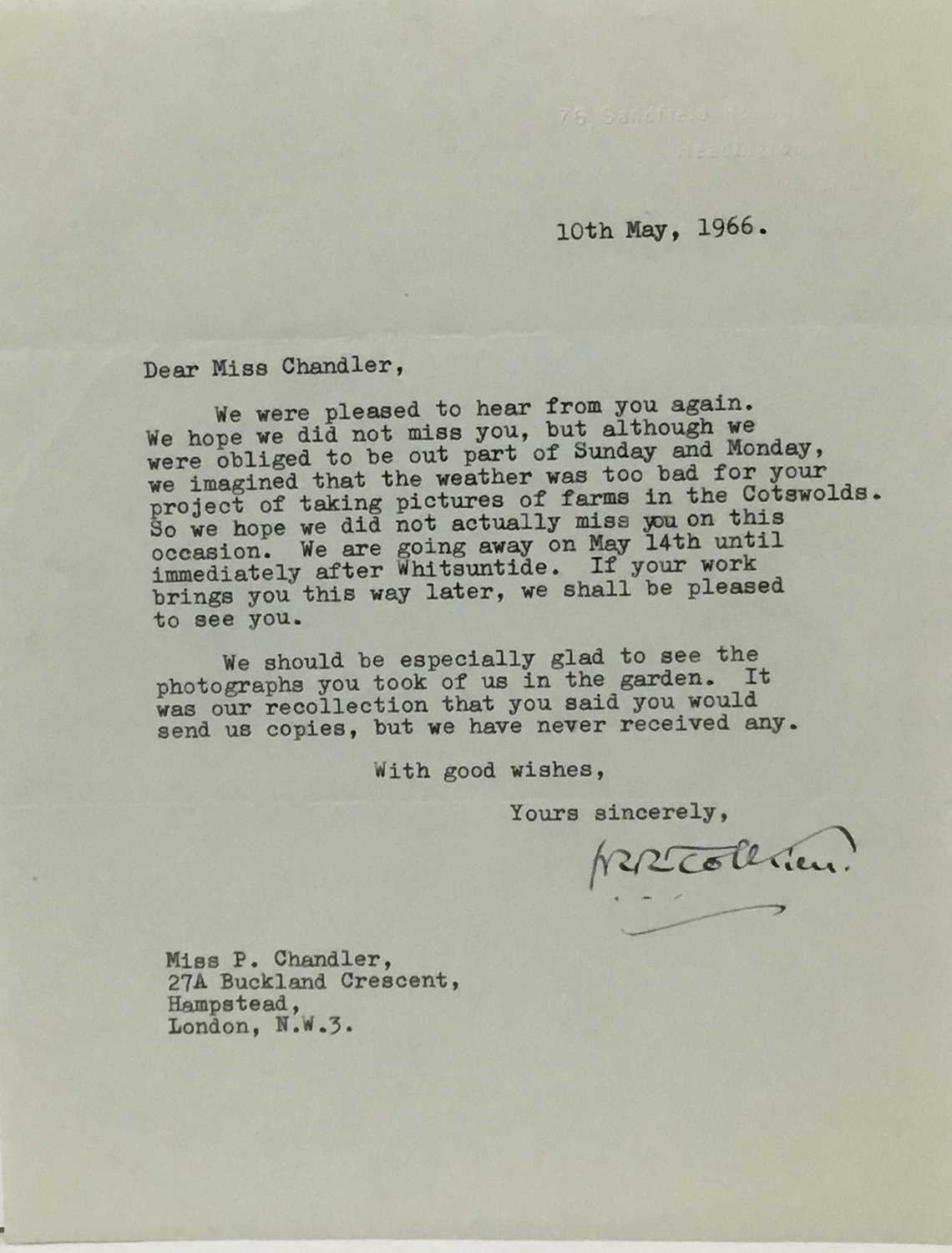 Lot 1460 - J. R. R. Tolkien (1892-1973) hand signed typed letter to his official photographer Pamela Chandler, dated 10th May 1966: Dear Miss Chandler, We we're pleased to hear from you again. We hope we did...