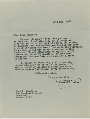 Lot 1460 - J. R. R. Tolkien (1892-1973) hand signed typed letter to his official photographer Pamela Chandler, dated 10th May 1966: Dear Miss Chandler, We we're pleased to hear from you again. We hope we did...