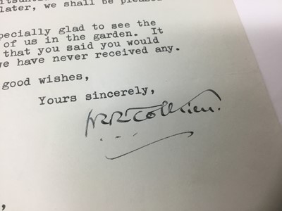 Lot 1460 - J. R. R. Tolkien (1892-1973) hand signed typed letter to his official photographer Pamela Chandler, dated 10th May 1966: Dear Miss Chandler, We we're pleased to hear from you again. We hope we did...