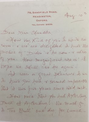 Lot 1461 - Edith Tolkien (1889-1971) a hand written double-sided letter by the wife of J. R. R. Tolkien to his official photographer Pamela Chandler, dated Aug 10th (probably 1966): Dear Miss Chandler, How ve...