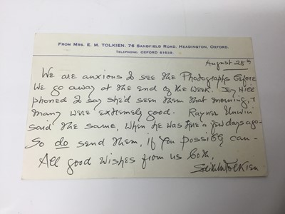 Lot 1462 - Edith Tolkein (1889-1971) a hand written postcard by the wife of J. R. R. Tolkien to his official photographer Pamela Chandler, dated