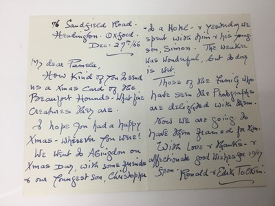 Lot 1464 - Edith Tolkien (1889-1971) a hand written letter by the wife of J. R. R. Tolkien to his official photographer Pamela Chandler, dated Dec. 27th / 66: My dear Pamela, How kind of you to send a Xmas ca...