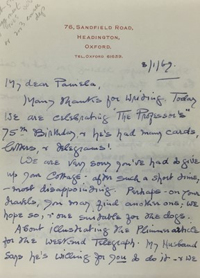 Lot 1466 - Edith Tolkien (1889-1971) a hand written double sided letter, together with a facsimile earlier letter by Pamela Chandler