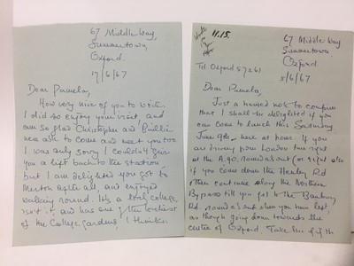 Lot 1467 - Priscilla Tolkien (b. 1929) two handwritten letters from J. R. R. Tolkien's daughter to her father's official photographer Pamela Chandler, dated 5/6/67, 17/6/67. (2)
