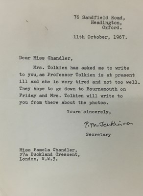 Lot 1468 - Hand signed letter from P. M. Jenkinson, private secretary to J. R. R. Tolkien to his official photographer Pamela Chandler, dated 11th October 1967: Dear Mrs Chandler, Mrs. Tolkien has asked me to...