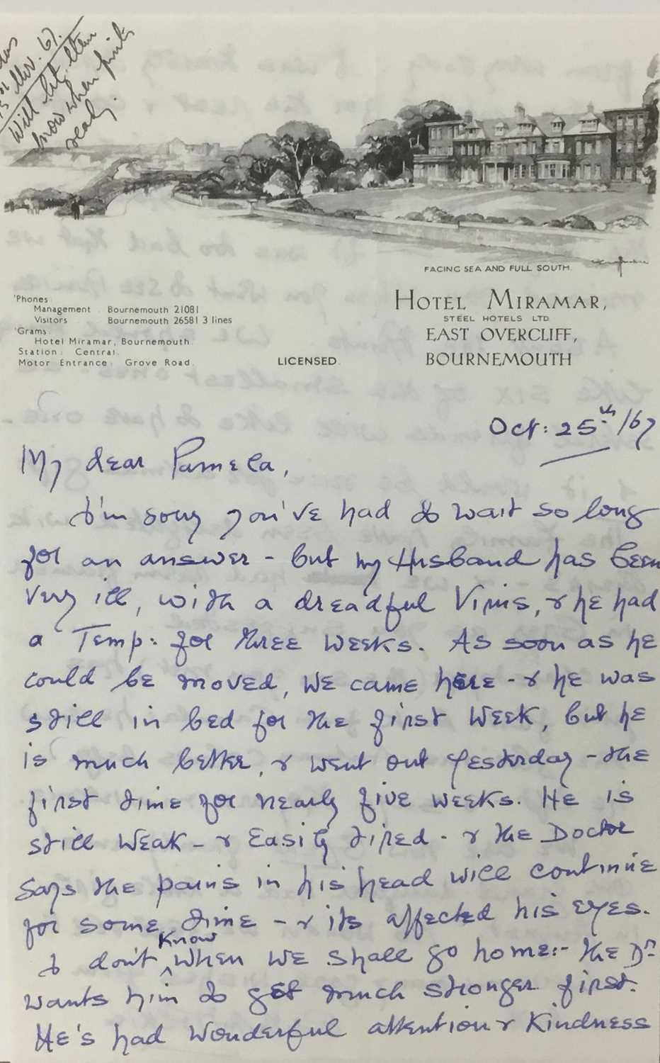 Lot 1469 - Edith Tolkien (1889-1971) a hand written letter by the wife of J. R. R. Tolkien to his official photographer Pamela Chandler, dated Oct. 25th / 67: My dear Pamela, I'm sorry you've had to wait so l...