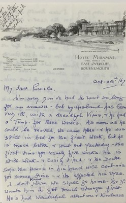 Lot 1469 - Edith Tolkien (1889-1971) a hand written letter by the wife of J. R. R. Tolkien to his official photographer Pamela Chandler, dated Oct. 25th / 67: My dear Pamela, I'm sorry you've had to wait so l...