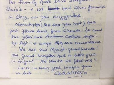 Lot 1469 - Edith Tolkien (1889-1971) a hand written letter by the wife of J. R. R. Tolkien to his official photographer Pamela Chandler, dated Oct. 25th / 67: My dear Pamela, I'm sorry you've had to wait so l...