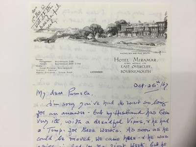 Lot 1469 - Edith Tolkien (1889-1971) a hand written letter by the wife of J. R. R. Tolkien to his official photographer Pamela Chandler, dated Oct. 25th / 67: My dear Pamela, I'm sorry you've had to wait so l...