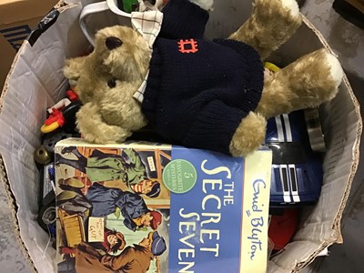 Lot 521 - Teddy, toys and cars plus pair of goggles