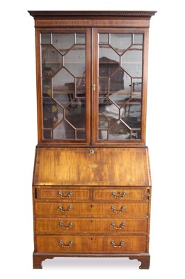 Lot 746 - Late 19th century inlaid mahogany bureau bookcase with astragal glazed upper section above a fitted interior and drawers below