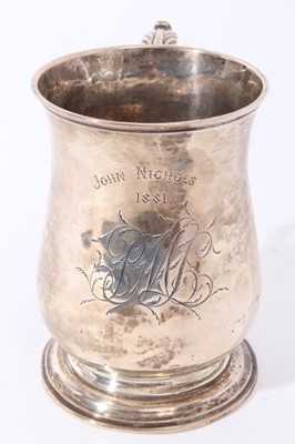 Lot 24 - George II silver tankard of baluster form with engraved inscription and initials 'John Nichols 1881', with scroll handle, on circular foot, (London 1757)