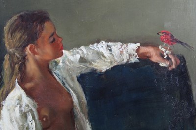 Lot 262 - Pierre Brenot, oil on canvas, girl and bird