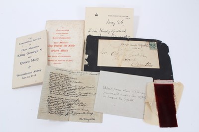 Lot 50 - The Funeralof H.M. Queen Victoria ,Piece of red velvet  from beneath the coffin of Queen Victoria and other Royal ephemera