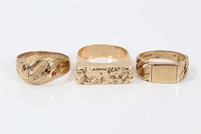 Lot 73 - 9ct gold double snake head ring and two other 9ct gold rings
