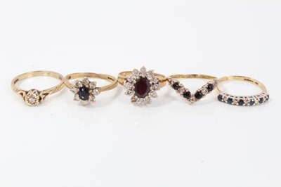 Lot 76 - Five 9ct gold diamond and gem set dress rings