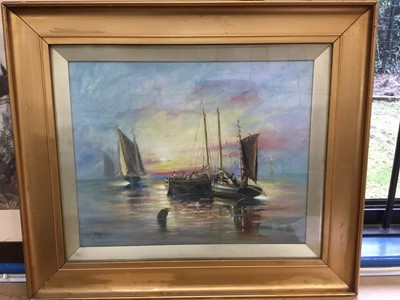 Lot 28 - J. Westcott 1905 oil on canvas - fishing boats at sunset, signed, in gilt frame, other shipping prints and sundry pictures