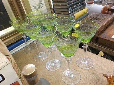 Lot 69 - Set eight 1920s Bohemian green overlaid hock glasses