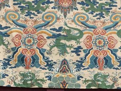 Lot 95 - Pair of good quality interlined curtains with Chinese Dragon decoration width 77cm (each side) 177cm in length