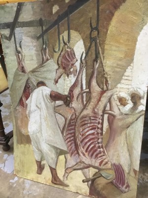 Lot 150 - Charles Clifford Turner, oil on board, African butchers shop