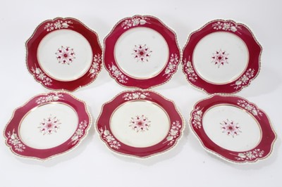 Lot 29 - Set of six early 19th Century English porcelain plates, possibly by Flight, Barr and Barr, with gadrooned borders and floral and gilt decoration, each 26.5cm in diameter