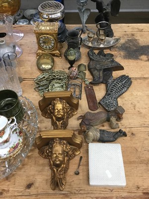 Lot 14 - Pair of gilt cherub wall brackets, egg cruet, clock and sundries including horse brasses