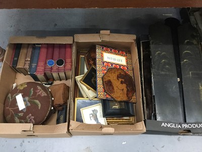 Lot 15 - Victorian tapestry footstool, books, pictures and sundries to include a fur coat (3 boxes)