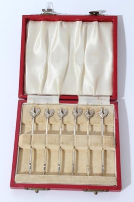Lot 69 - Set of six Contemporary silver cocktail sticks with cockerel terminals, in fitted case (Birmingham 1963), maker Adie Brothers Ltd, each 7.5cm in length