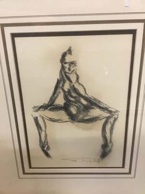 Lot 147 - Tom Merrifield (b. 1932) Contemporary charcoal study, figure, indistinctly signed, framed, together with a large print