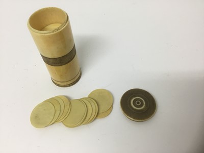 Lot 84 - 19th century carved ivory gaming counter box and counters