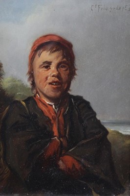 Lot 98 - Good oil on panel depicting young man standing on coastal rocks