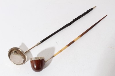 Lot 58 - Unusual early 19th century silver mounted toddy ladle, the bowl constructed from a hollowed out seed with a porcupine quill handle, together with another silver toddy ladle with whale bone handle