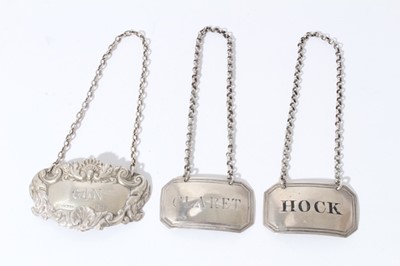 Lot 61 - Victorian silver Hock label, Claret label and a contemporary silver gin label (2)2