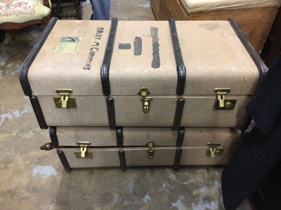Lot 249 - Two vintage suitcases, vintage clothes, a selection of walking sticks and a copper bed pan