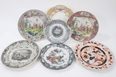 Lot 82 - Two Masons Ironstone plates, in Chinese famille rose style, and four other plates and a sauce tureen stand