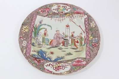 Lot 82 - Two Masons Ironstone plates, in Chinese famille rose style, and four other plates and a sauce tureen stand