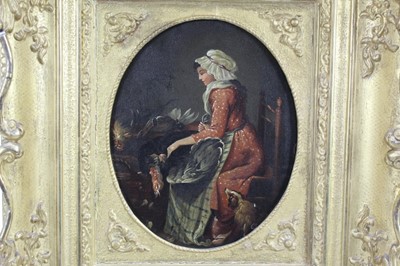 Lot 500 - 18th century French School oil on tin panel after Angelica Kauffman - kitchen interior with a maid plucking a turkey, in good gilt frame, 24cm x 19cm