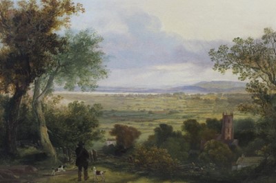 Lot 238 - 19th century English School oil on canvas - an extensive landscape with a sportsmen with his dogs, in gilt frame, 32cm x 43cm
