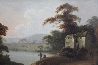 Lot 239 - Pair of early 19th century English School oils on canvas - Lakeland landscapes with figures fishing, in gilt frames, 34cm x 42cm