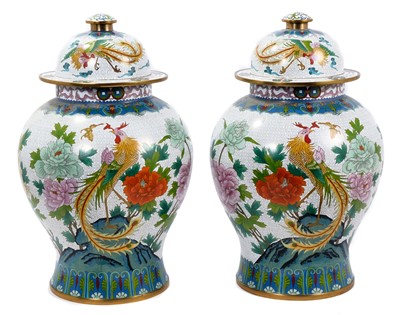 Lot 498 - Pair of highly decorative Chinese cloisonné enamel baluster urns and covers