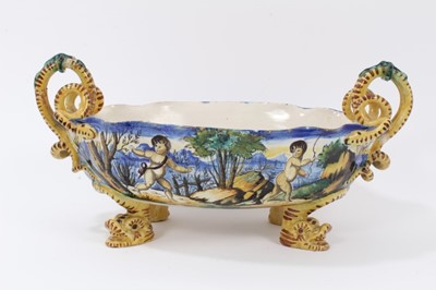 Lot 18 - Good Cantagalli maiolica centrepiece, painted with classical scenes, with serpent-form handles, cockerel mark to base, 41cm across