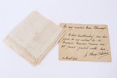 Lot 16 - H.I.H.The Empress Eugenie of France - a fine silk handkerchief finely embroidered to corner with Crowned E monogram with narrow lacework border ,40 cm square .Sold with an envelope inscribed 'this...