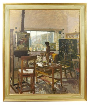 Lot 1185 - *Ken Howard (born 1932) - oil on canvas - female nude in artist's studio, titled 'Sarah, Moussehole Interior II'. Exhibited at the New Grafton Gallery29.3.90, 121cm x 100cm