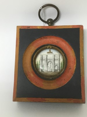 Lot 45 - 19th Century Continental porcelain plaque of the Munich Siegestor in ebonised wood frame with brass suspension loop