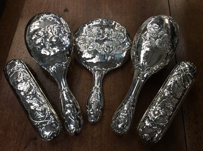 Lot 249 - Five piece silver backed dressing table set