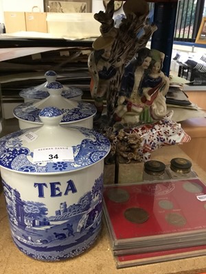 Lot 34 - Set three Spode blue and white tea, coffee and sugar jars, Staffordshire figure group, pair carved hard stone dragon ornaments, pig ornament, pair inkwells and coin sets