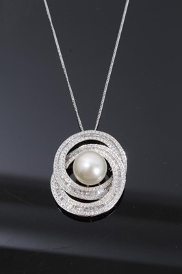 Lot 189 - Diamond and cultured pearl pendant in 18ct white gold setting on 18ct white gold chain, estimated total diamond weight approximately 3.5cts