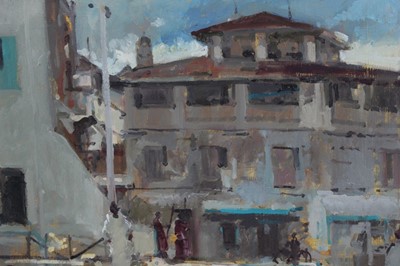 Lot 117 - Tom Coates (1941) oil on board - 'Meeting House, Zanzibar'