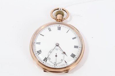Lot 251 - 9ct gold open case pocket watch with white enamel dial, Roman numeral markers and subsidiary seconds dial